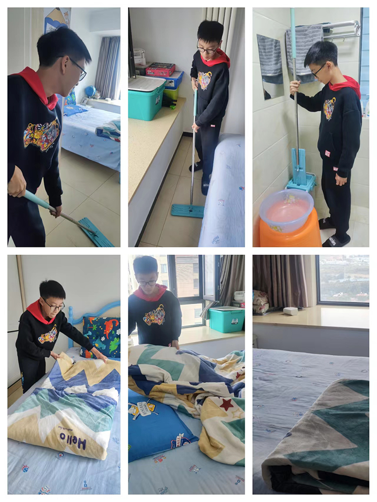 图片6：七年级八班胡泓宇在铺床叠被和拖地.jpg